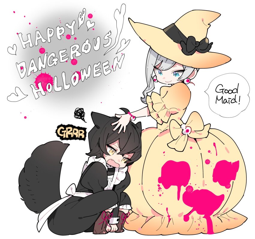 1boy, 1girl, ahoge, all_fours, animal_ears, black_dress, black_hair, black_tail, blue_eyes, crossdressing, crossdressing_(mtf), dress, earrings, english_text, full_body, grey_hair, halloween, halloween_costume, hat, highres, jewelry, maid, male_maid, nanaka_(saihito), puffy_dress, saigo_ni_hitotsu_dake_onegai_shite_mo_yoroshii_deshou_ka, scarlet_el_vandimion, short_hair, simple_background, speech_bubble, troly_haluo, white_background, witch, witch_hat, yellow_dress, yellow_eyes, yellow_hat
