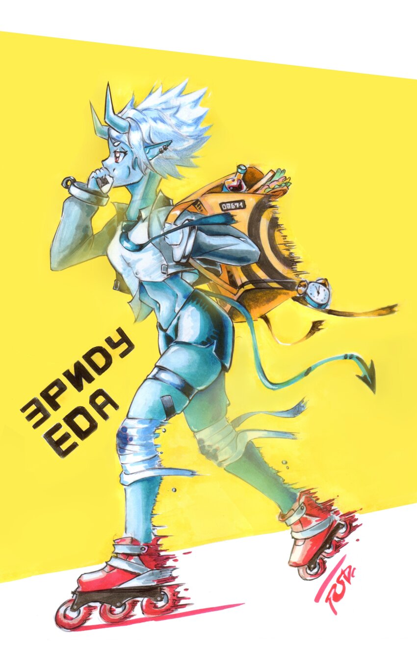 absurdres, bandaged_leg, bandages, blood, bloody_bandages, blue_blood, blue_horns, blue_skin