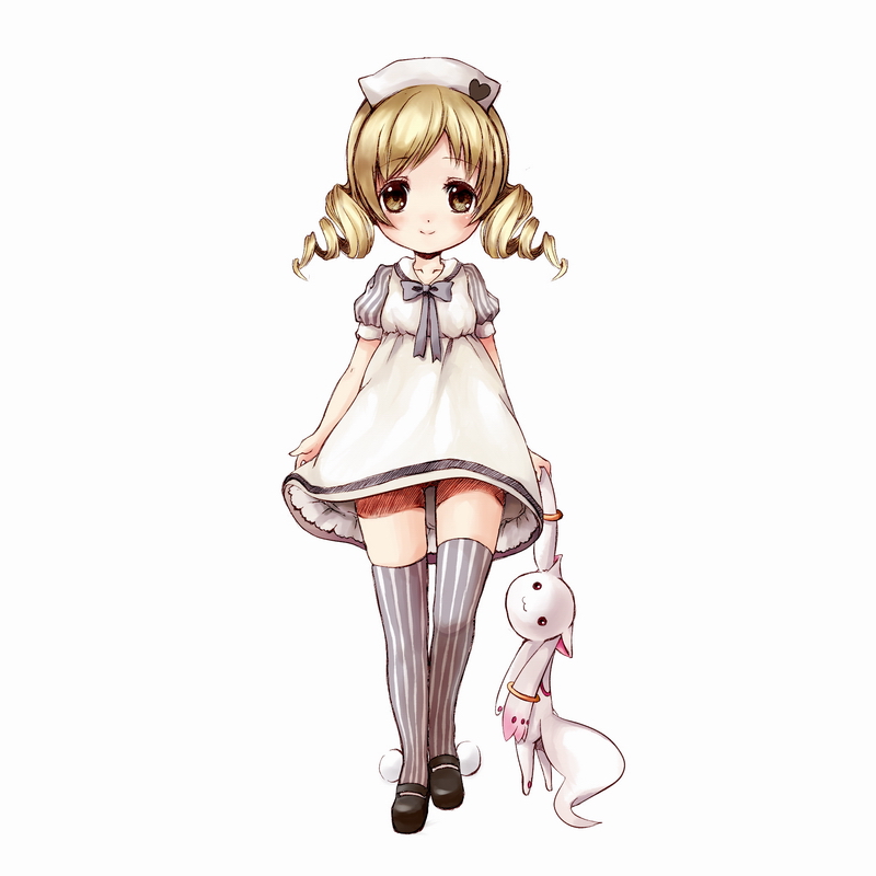 10s, 1girl, :3, aged_down, alternate_costume, blonde_hair, bottomless, dress, drill_hair, female_focus, grabbing_another's_ear, hand_on_another's_ear, hat, kyubey, loli, mahou_shoujo_madoka_magica, mahou_shoujo_madoka_magica_(anime), okran, red_eyes, solo, thighhighs, tomoe_mami, twin_drills, twintails, yellow_eyes, zettai_ryouiki