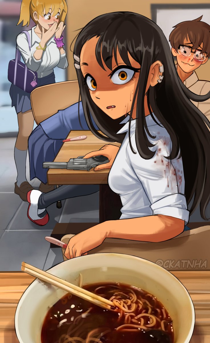 1boy, 3girls, black_hair, black_pantyhose, blood, blue_skirt, breasts, brown_hair, brown_shoes, ckatnha, closed_mouth, collared_shirt, commentary, condom, condom_wrapper, ear_piercing, english_commentary, fang, food, frown, gun, hachiouji_naoto, handgun, highres, holding, holding_gun, holding_pregnancy_test, holding_weapon, ijiranaide_nagatoro-san, implied_fellatio, large_breasts, long_hair, long_skirt, looking_at_viewer, looking_back, multiple_girls, nagatoro_hayase, noodles, nosebleed, open_mouth, pantyhose, partially_shaded_face, piercing, pleated_skirt, pregnancy_test, ramen, restaurant, revolver, shirt, shoes, short_hair, sitting, skirt, small_breasts, smile, socks, sunomiya_hana, table, tan, weapon, white_shirt, white_shoes, white_socks, yoshi_(nagatoro)