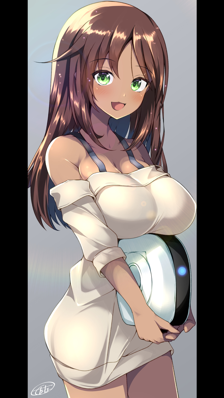 1girl, absurdres, alice_gear_aegis, breasts, brown_hair, dark-skinned_female, dark_skin, green_eyes