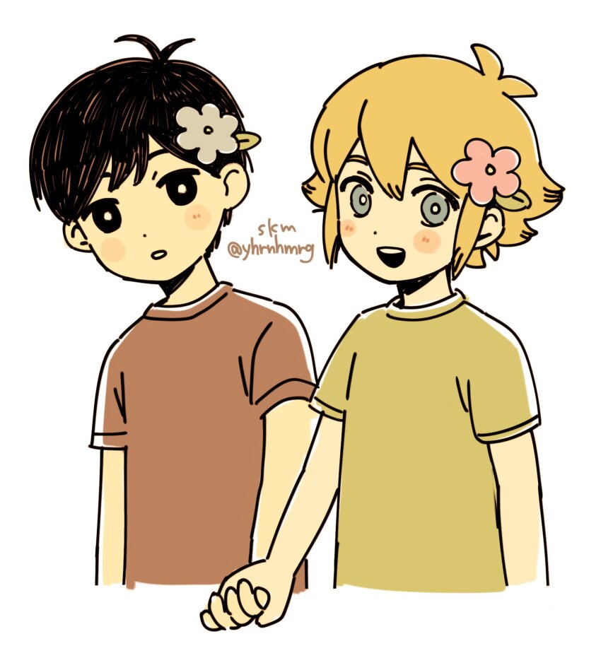 2boys, 4kkrbk, aged_down, antenna_hair, basil_(faraway)_(omori), basil_(omori), black_eyes, black_hair