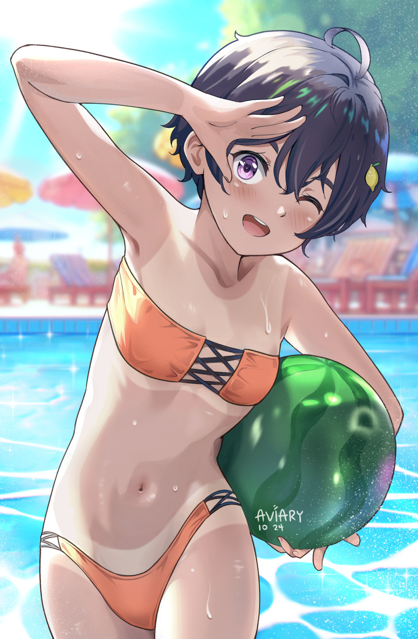 1girl, absurdres, ahoge, aviary, ball, beachball, bikini, black_hair