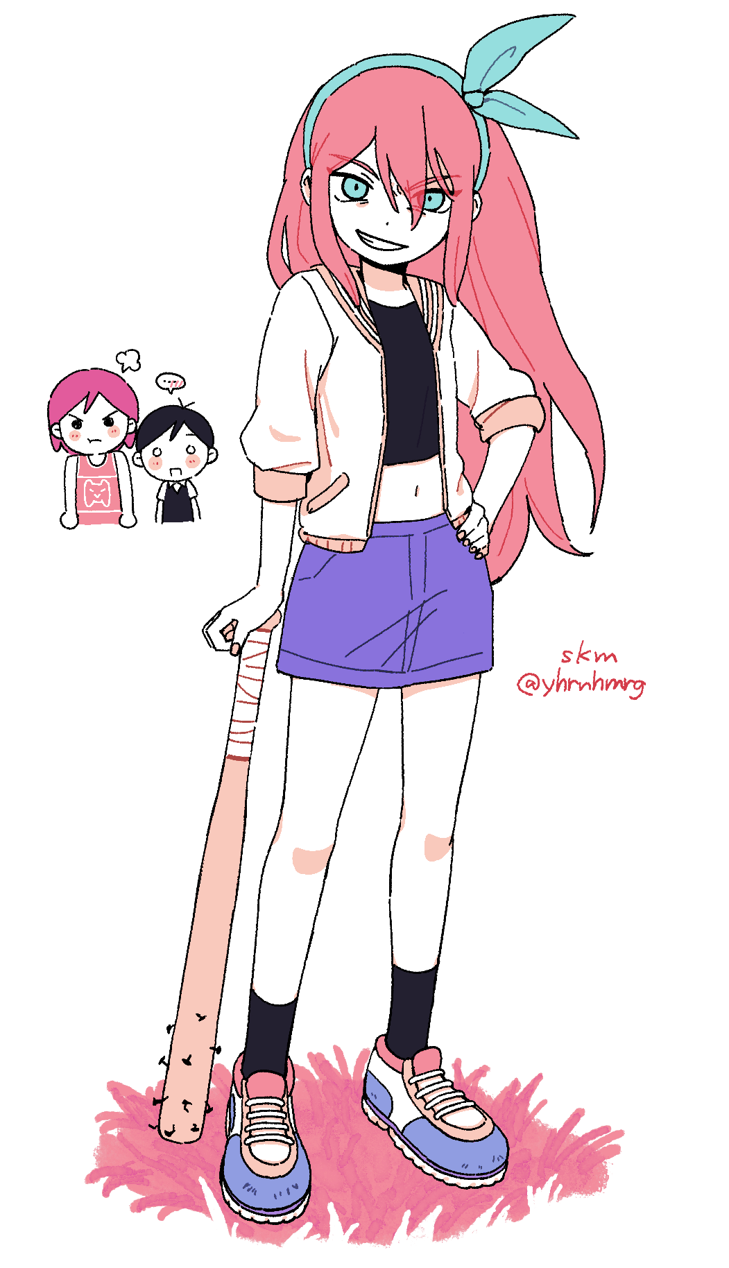 ..., 1girl, 2boys, 4kkrbk, alternate_eye_color, aubrey_(faraway)_(omori), aubrey_(omori), baseball_bat