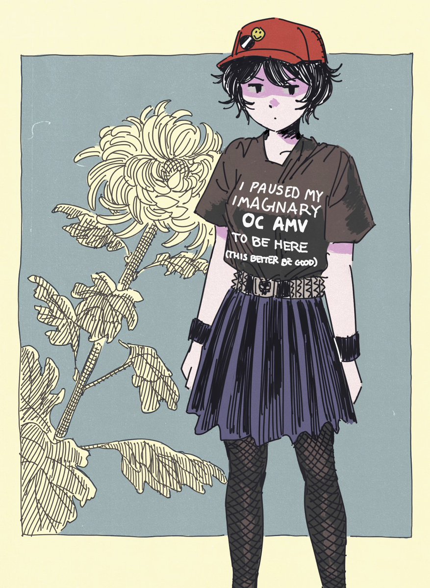 (heytherenrds), 1girl, baseball_cap, black_eyes, black_hair, black_shirt, blue_skirt, english_text, fishnet_pantyhose, fishnets, floral_background, hat, heidi_(heytherenrds), madeline, original, pantyhose, pleated_skirt, print_shirt, red_hat, shirt, short_hair, skirt, solo, t-shirt, wristband