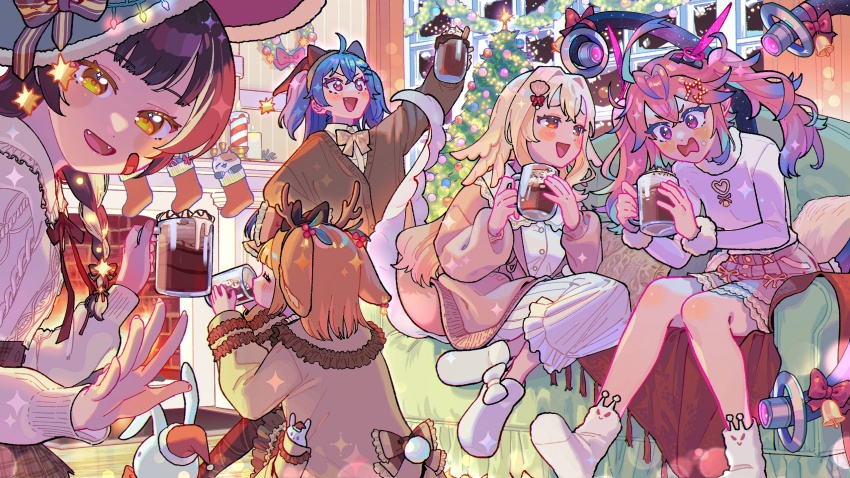 5girls, :d, ^_^, ahoge, alternate_costume, animal_ears, aqua_hair, bell