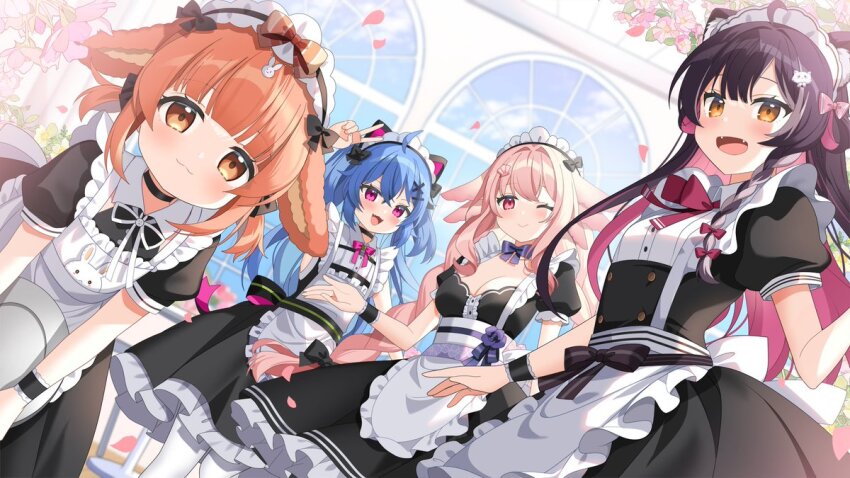 4girls, :3, :d, ;), ahoge, alternate_costume, animal_ears, apron