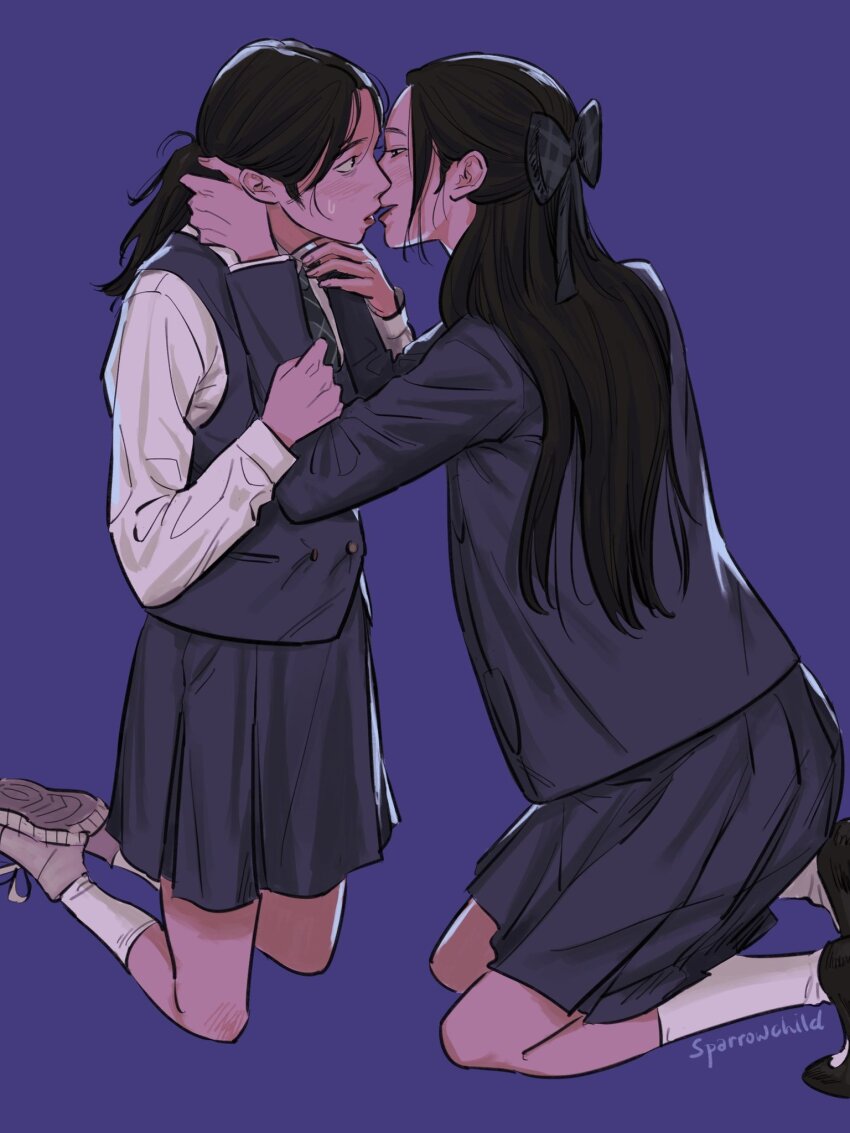 2girls, black_bow, black_hair, black_shoes, blazer, blue_background, bow, brown_shoes
