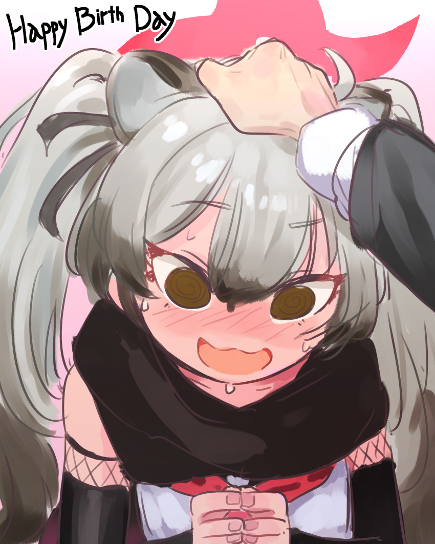 :3, @_@, absurdres, animal_ears, black_scarf, blue_archive, blush, brown_eyes, elbow_gloves, gloves, grey_hair, halo, headpat, highres, long_hair, michiru_(blue_archive), neophyte, raccoon_ears, scarf, shirt, sweatdrop, twintails, white_shirt