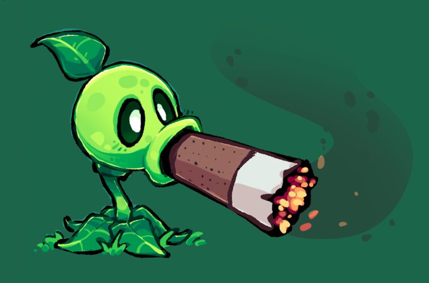 cigar, green_background, highres, leafysky22, no_humans, peashooter_(plants_vs._zombies), plants_vs._zombies, simple_background