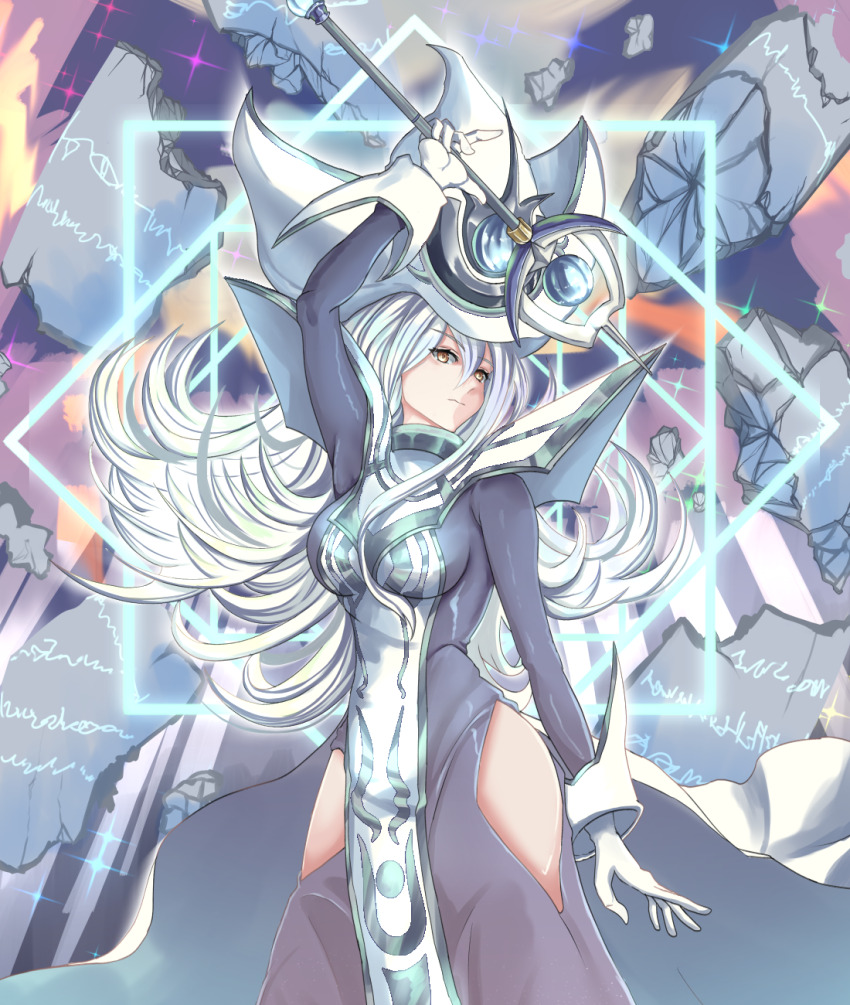 1girl, blue_dress, breasts, clothing_cutout, dress, duel_monster, gloves, grey_hair, hat, highres, hip_vent, holding, holding_wand, kokorokorokoro417, long_hair, silent_magician, tabard, wand, white_gloves, white_hat, white_tabard, wizard_hat, yu-gi-oh!