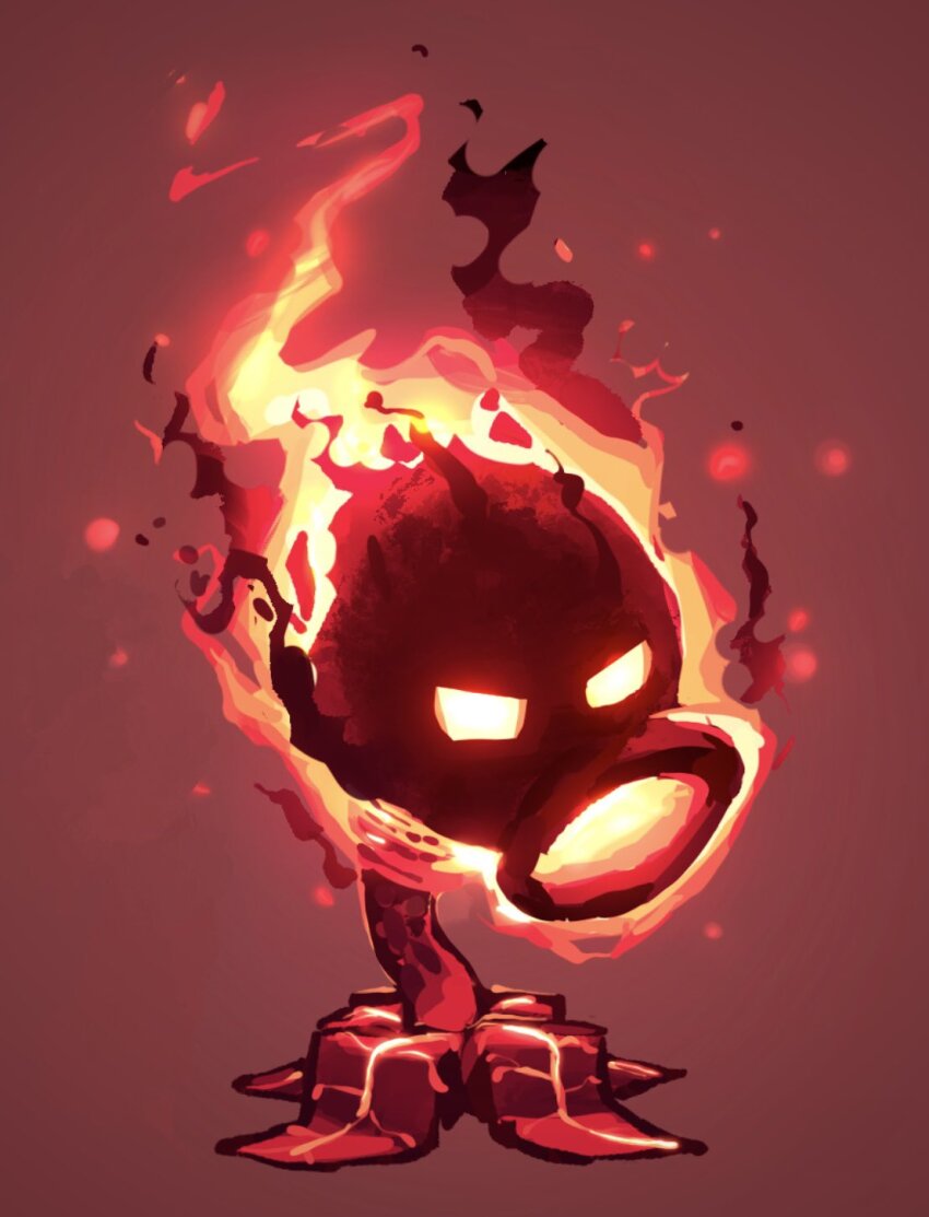fire, fire_peashooter, highres, leafysky22, no_humans, plants_vs._zombies, plants_vs._zombies_2, red_background, simple_background, solo