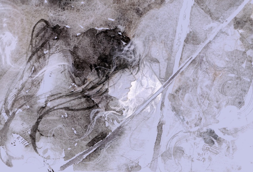 2boys, abstract_background, closed_mouth, cropped_torso, curtained_hair, facial_mark, floating_hair, from_side