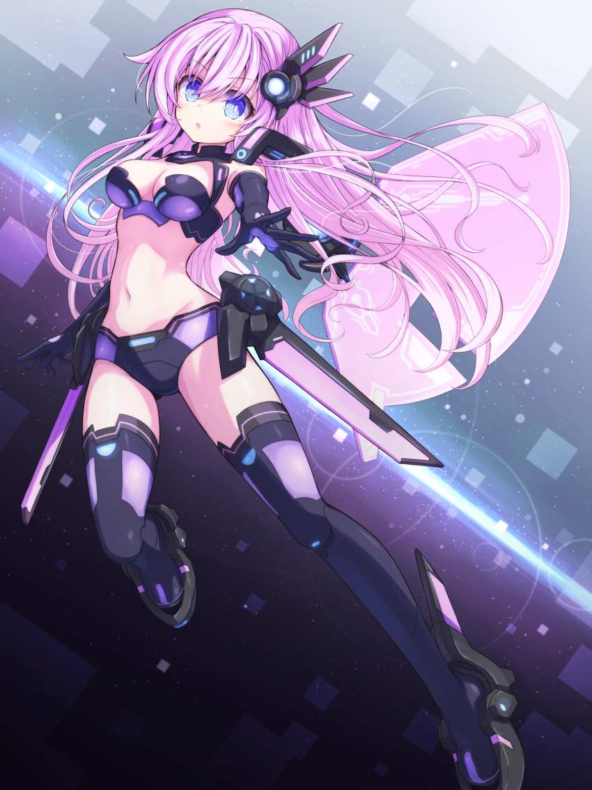 1girl, absurdres, black_gloves, black_thighhighs, blue_eyes, breasts, choujigen_game_neptune_mk2, cleavage_cutout