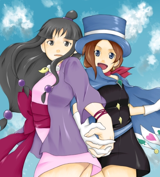 2girls, maya_fey, back-to-back, capcom, cape, ace_attorney, holding_hands, hat