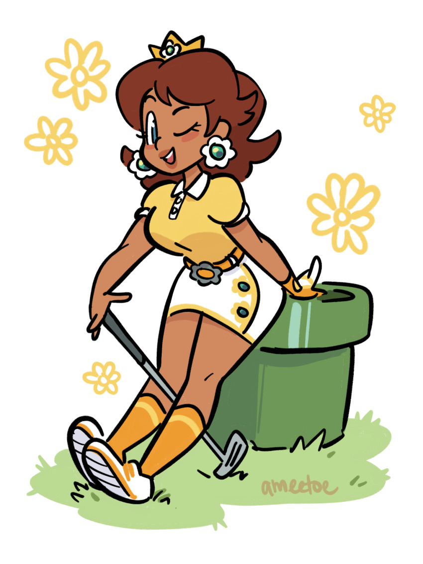 1girl, :d, ;d, amie_sanchez, aqua_eyes, artist_name, belt, blush, blush_stickers, breasts, brown_hair, contrast_collar, crown, dark-skinned_female, dark_skin, earrings, flower-shaped_buckle, flower_earrings, full_body, gloves, golf_club, grass, highres, jewelry, large_breasts, long_hair, looking_at_viewer, mario_(series), mario_golf, mario_golf:_super_rush, miniskirt, nintendo, official_alternate_costume, one_eye_closed, open_mouth, orange_belt, orange_socks, polo_shirt, princess_daisy, princess_daisy_(super_rush), shirt, shirt_tucked_in, shoes, short_sleeves, signature, simple_background, single_glove, skirt, smile, socks, solo, teeth, tented_shirt, upper_teeth_only, warp_pipe, white_background, white_gloves, white_shoes, white_skirt