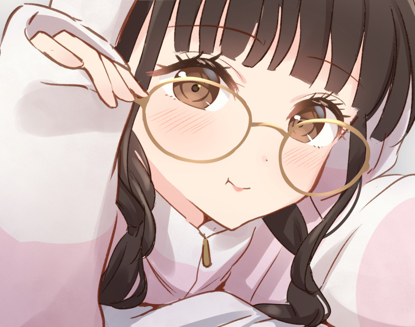 1girl, :t, animification, blunt_bangs, blush, brown_eyes, brown_hair, commentary_request