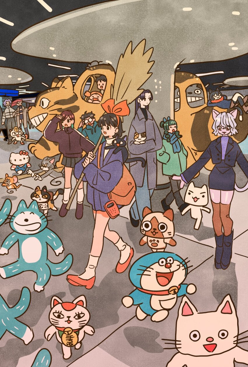11_piki_no_neko, 1other, 3boys, 6+girls, :3, :o, alternate_costume, animal, animal_ears, animal_on_shoulder, ayase_momo, bell, black_boots, black_eyes, black_hair, black_shoes, blue_hoodie, blue_pants, blue_scarf, blue_skirt, boots, bow, broom, brown_hair, brown_shoes, brown_thighhighs, calico_(pattern), calico_cat, cat, cat_day, cat_ears, cat_on_shoulder, cat_tail, character_request, closed_eyes, coat, commentary, copyright_request, crossed_legs, crossover, dandadan, doko_demo_issyo, doraemon, doraemon_(character), drawstring, dungeon_meshi, felyne, full_body, gen_1_pokemon, glasses, green_coat, green_hair, grey_hair, hair_bow, hands_in_pockets, hello_kitty, hello_kitty_(character), highres, holding, holding_animal, holding_broom, holding_cat, hood, hood_down, hoodie, hunter_x_hunter, indoors, inoue_toro, izutsumi, jacket, james_(pokemon), jerry_(tom_and_jerry), jessie_(pokemon), jiji_(majo_no_takkyuubin), jingle_bell, jinshi_(kusuriya_no_hitorigoto), kiki_(majo_no_takkyuubin), kusakabe_mei, kusakabe_satsuki, kusuriya_no_hitorigoto, long_hair, long_sleeves, lying, majo_no_takkyuubin, maneki-neko, mao_mao_the_cat, maomao_(kusuriya_no_hitorigoto), meowth, monster_hunter_(series), multiple_boys, multiple_crossover, multiple_girls, neferpitou, nekobus, nintendo, nontan_(nontan_to_isshou), nontan_to_isshou, on_back, open_mouth, pants, pleated_skirt, pokemon, pokemon_(anime), pokemon_(creature), purple_jacket, red_bow, red_shoes, round_eyewear, running, sanrio, scarf, shoes, short_hair, skirt, smile, socks, untranslatable_commentary, tail, takakura_ken_(dandadan), takeuchi_ryousuke, thighhighs, tile_floor, tiles, tom_(tom_and_jerry), tom_and_jerry, tonari_no_totoro, totoro, trait_connection, turbo_granny_(dandadan), u_u, walking, white_hair, white_socks
