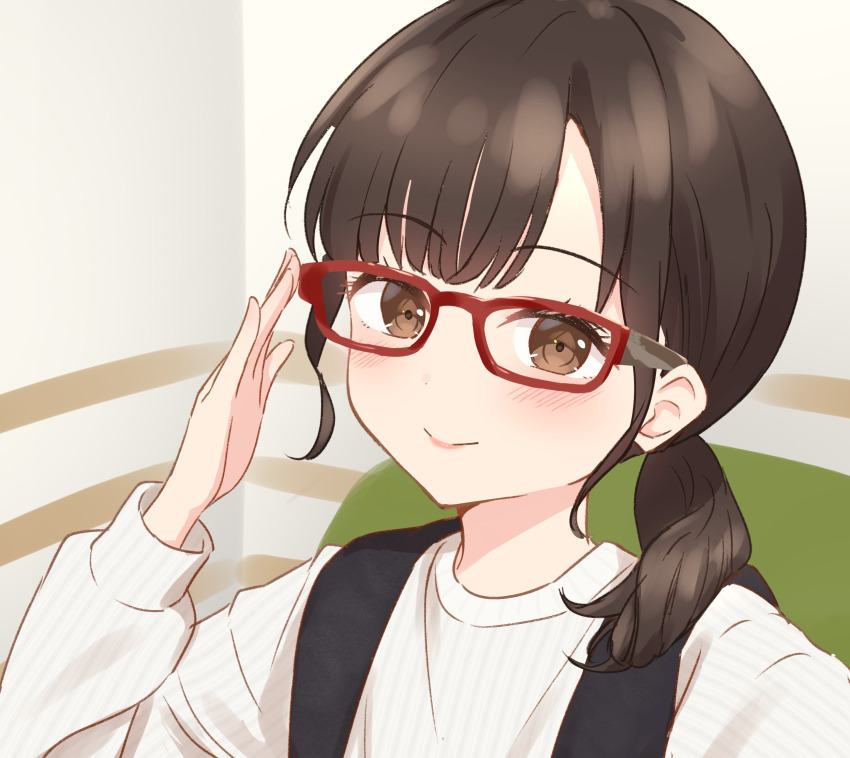 1girl, animification, blush, brown_eyes, brown_hair, closed_mouth, commentary_request, glasses, hanazora_satsuki, hayama_fuka, highres, indoors, long_hair, long_sleeves, looking_at_viewer, low_ponytail, ponytail, real_life, red-framed_eyewear, selfie, sketch_background, smile, solo, sweater, voice_actor, white_sweater