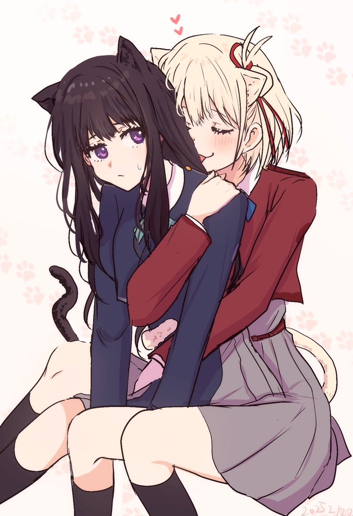 2girls, animal_ears, black_hair, black_socks, blonde_hair, blue_dress, blush, cat_ears