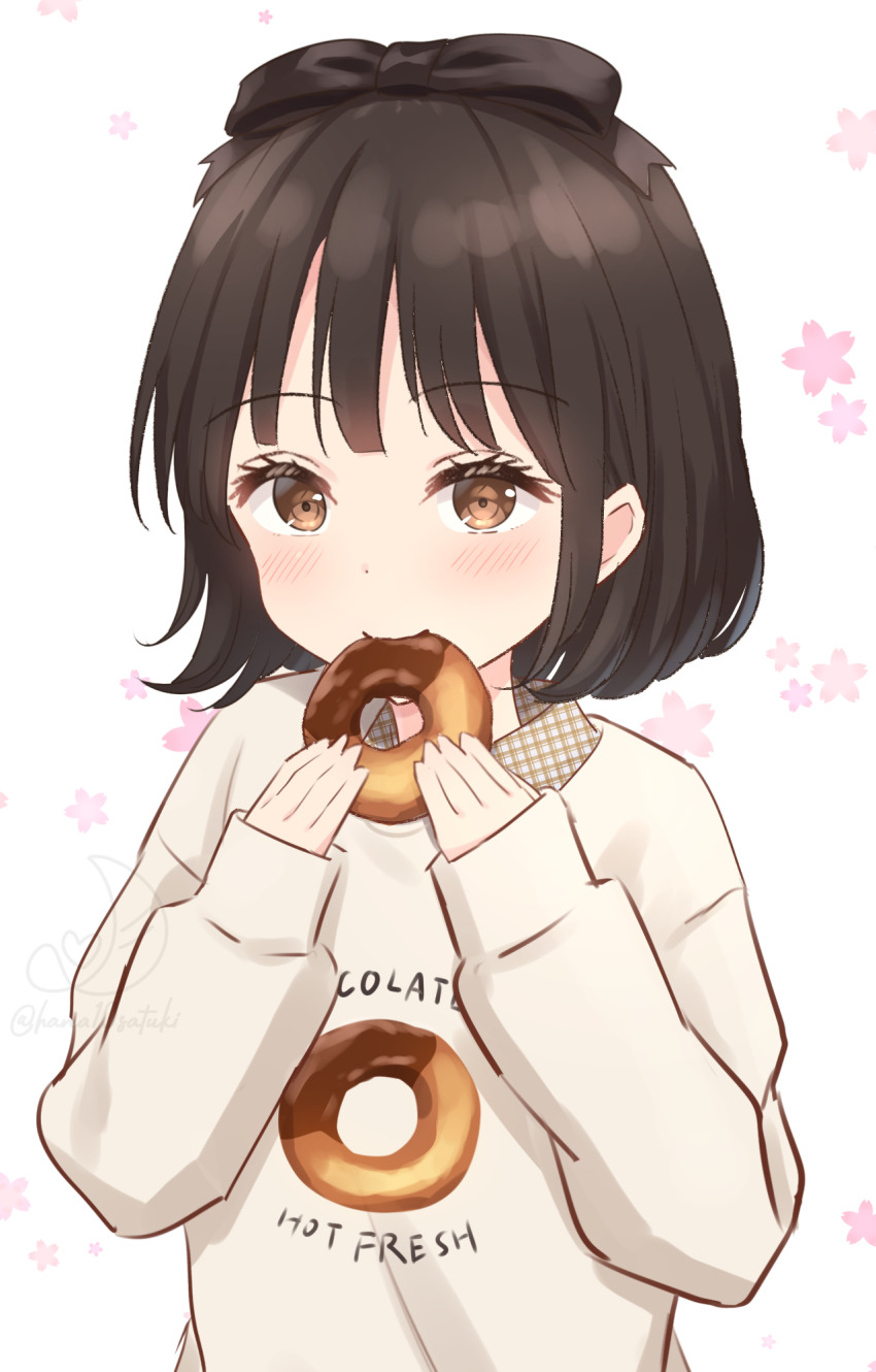 1girl, animification, black_bow, black_hair, blush, bow, brown_eyes, brown_shirt