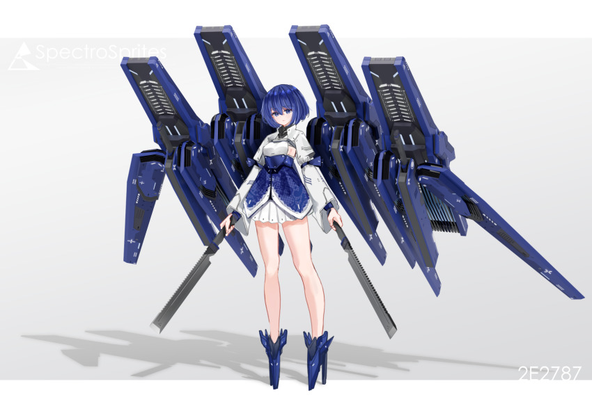 1girl, blue_eyes, blue_hair, blue_skirt, bob_cut, commentary_request, dual_wielding, full_body