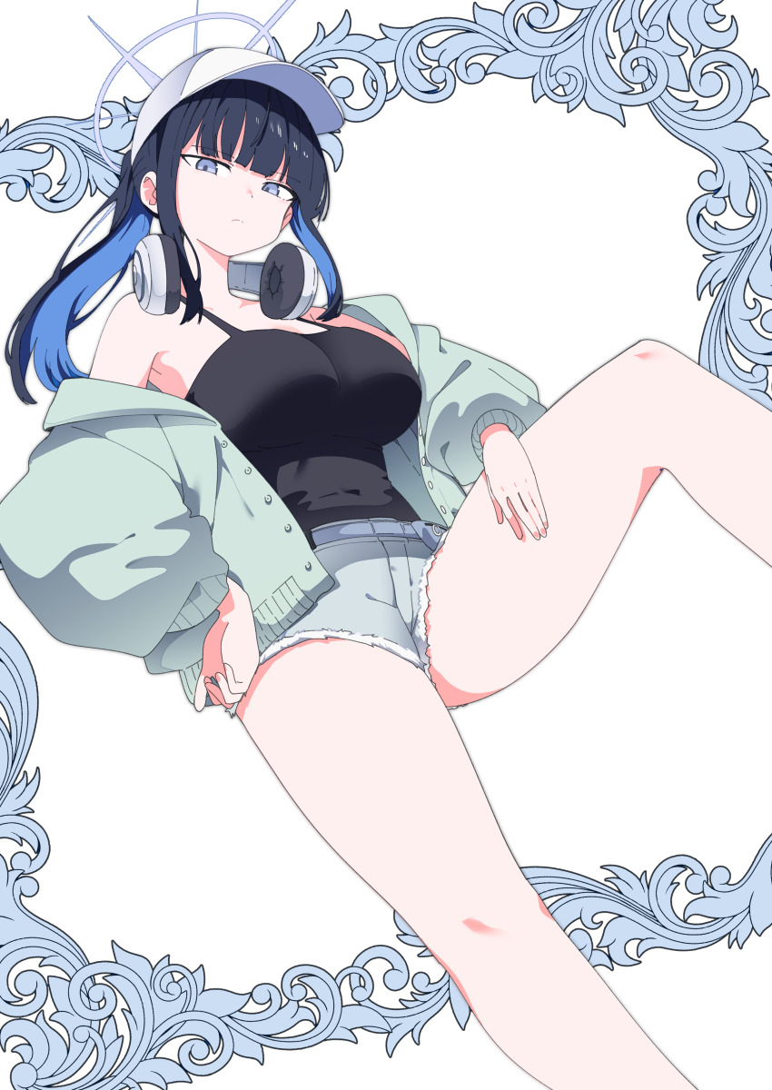 1girl, absurdres, bare_shoulders, baseball_cap, black_shirt, blue_archive, blue_eyes, blue_hair