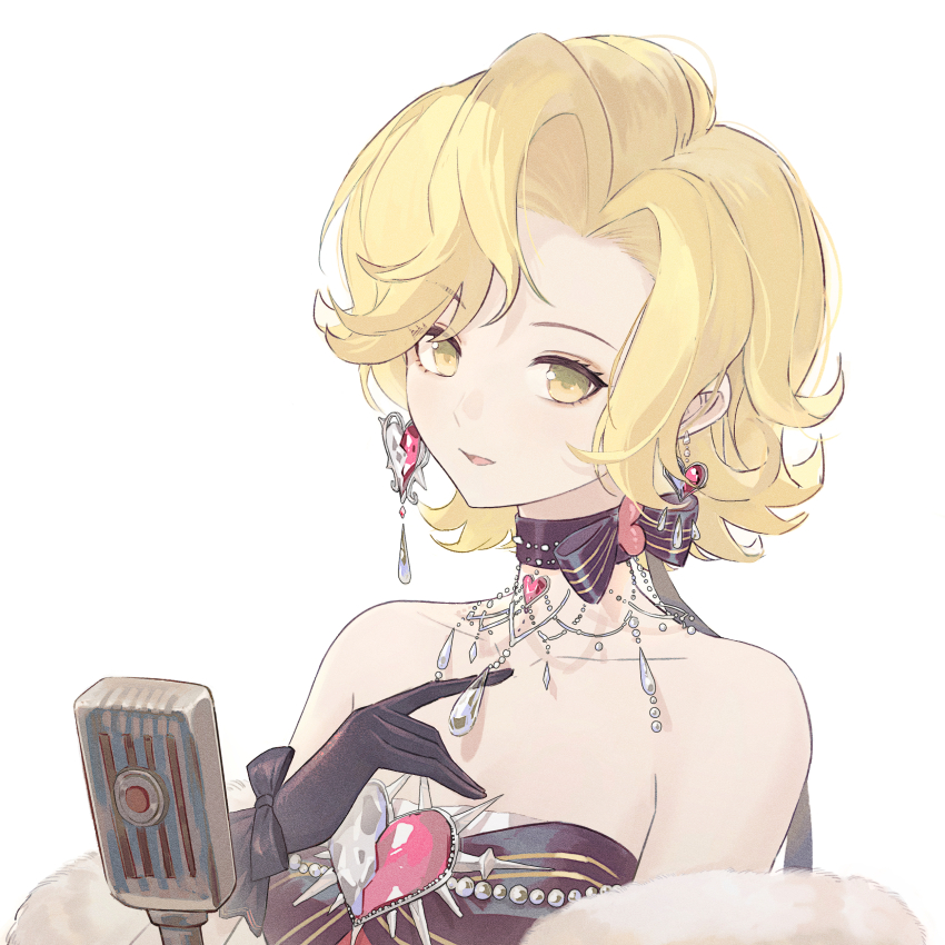 1girl, absurdres, asymmetrical_bangs, bare_shoulders, black_bow, black_bowtie, black_choker, black_dress, black_gloves, blonde_hair, bow, bow_choker, bowtie, chest_jewel, chinese_commentary, choker, collarbone, commentary_request, dreamy_glimmer_(infinity_nikki), dress, earrings, eyelashes, frilled_gloves, frills, fur_shawl, gem, gloves, heart, heart-shaped_gem, heart_earrings, heart_necklace, highres, holding, holding_microphone_stand, infinity_nikki, jewelry, microphone, microphone_stand, mismatched_eyebrows, necklace, nikki_(series), open_mouth, pink_gem, shawl, short_hair, simple_background, smile, solo, strapless, strapless_dress, striped_bow, striped_bowtie, striped_clothes, taikong_binggan, upper_body, white_background, white_gem, white_shawl, wrist_bow, yellow_eyes