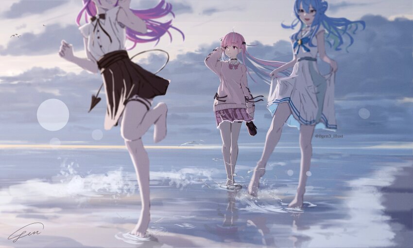 0gen3_illust, 3girls, absurdres, ahoge, bare_legs, barefoot, beach, bird