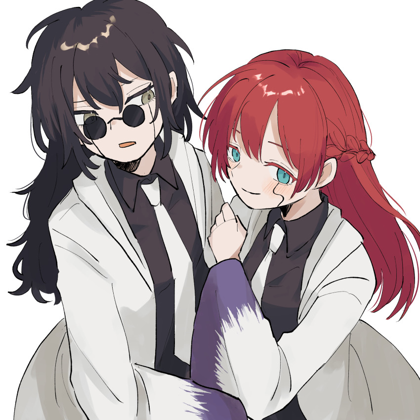 2girls, aqua_eyes, black_hair, black_shirt, blush, braid, facial_mark, genderswap, genderswap_(mtf), half_up_braid, highres, kokodoko_don, long_hair, mashle, multiple_girls, necktie, open_mouth, red_hair, robe, round_eyewear, shirt, shuen_getsuku, smile, white_necktie, white_robe, wide_sleeves, wirth_madl