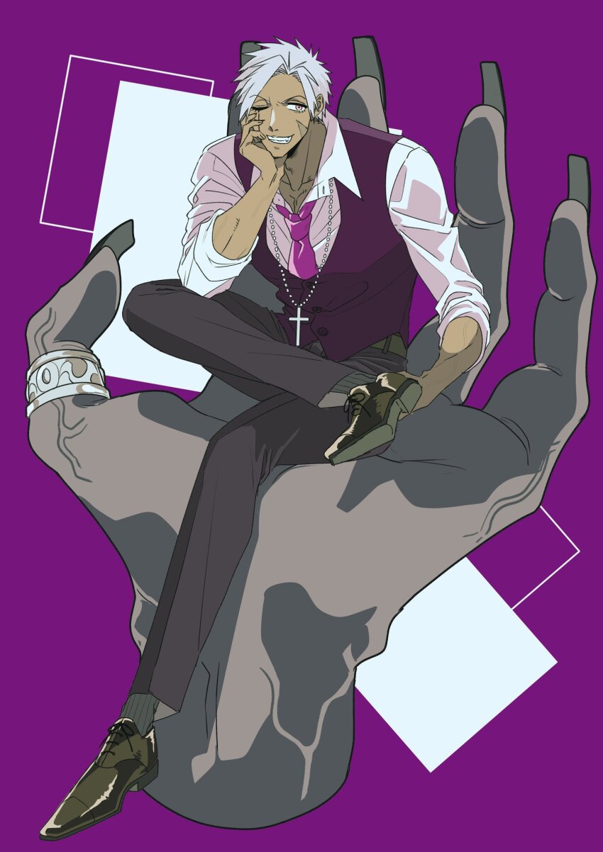 1boy, collared_shirt, cross, cross_necklace, dark-skinned_male, dark_skin, formal_clothes, grin, highres, jewelry, long_sleeves, mashle, matsurika_0707, necklace, necktie, one_eye_closed, pants, purple_necktie, purple_vest, renatus_revol, ring, shirt, shoes, short_hair, sitting, smile, solo, vest, white_hair, white_shirt
