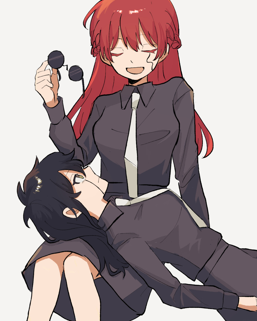 2girls, black_hair, black_shirt, black_skirt, braid, breasts, closed_eyes, collared_shirt, facial_mark, genderswap, genderswap_(mtf), highres, kokodoko_don, long_hair, long_sleeves, mashle, medium_breasts, multiple_girls, necktie, open_mouth, red_hair, round_eyewear, shirt, shuen_getsuku, skirt, smile, wirth_madl