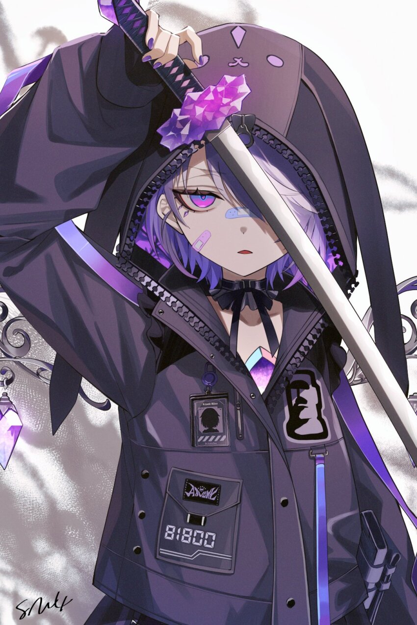 1girl, 8nu4, animal_hood, bandaid, bandaid_on_cheek, bandaid_on_face, bandaid_on_nose, black_jacket