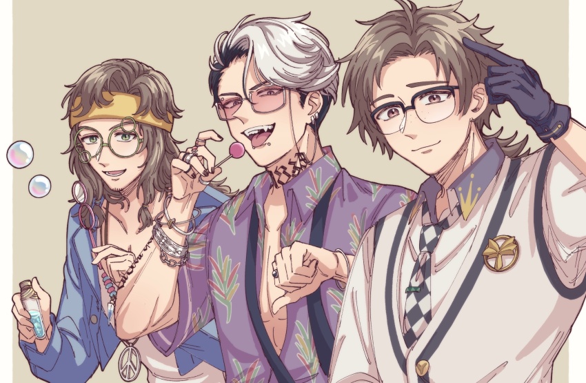 39999m, 3boys, :d, black_gloves, black_hair, black_necktie, blue_jacket, border