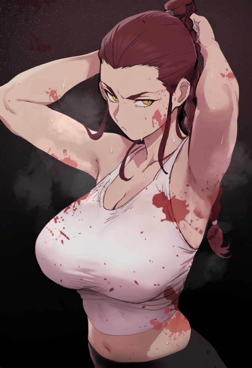 1girl, absurdres, armpits, arms_behind_head, black_pants, blood, blood_on_clothes, blood_on_face, blood_splatter, braid, breasts, cleavage, code:074, devilman, devilman_crybaby, highres, kuroda_miki, large_breasts, long_hair, looking_at_viewer, midriff, navel, pants, red_hair, serious, shirt, single_braid, solo, sweat, tank_top, taut_clothes, taut_shirt, tying_hair, white_tank_top