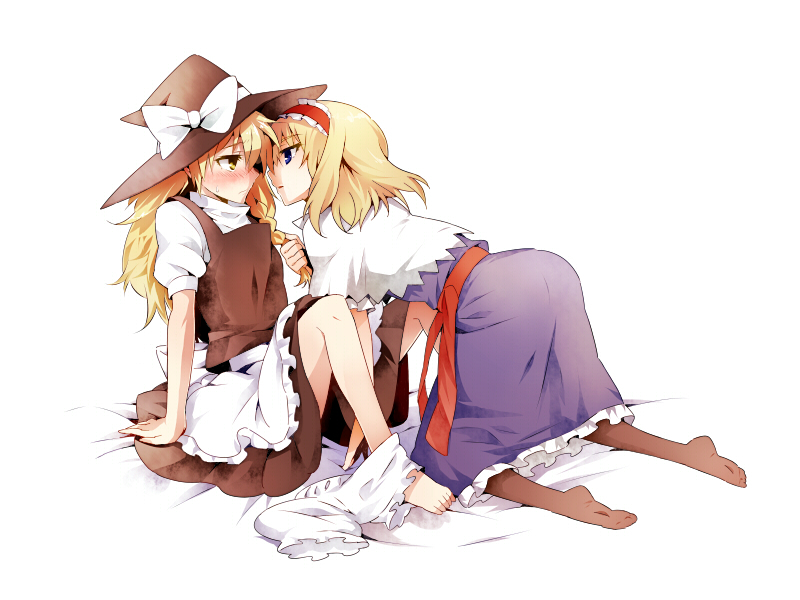 2girls, alice_margatroid, arm_support, bare_legs, barefoot, bed_sheet, between_legs, blonde_hair