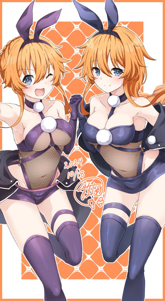 2girls, animal_ears, bare_shoulders, black_thighhighs, blue_eyes, breasts, collarbone, covered_navel, date_a_live, dated, garter_belt, hoshibana_anima, looking_at_viewer, medium_breasts, multiple_girls, one_eye_closed, orange_hair, pom_pom_(clothes), rabbit_ears, siblings, sisters, smile, thighhighs, yamai_kaguya, yamai_yuzuru