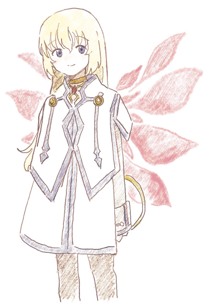 black_leggings, blue_eyes, colette_brunel, dress, highres, jacket, jewelry, leggings, macha_(macha3635toa), pink_wings, simple_background, tales_of_(series), tales_of_symphonia, white_background, white_dress, white_jacket, wings