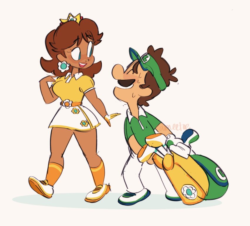 1boy, 1girl, amie_sanchez, artist_name, belt, blue_eyes, brown_hair, closed_eyes, contrast_collar, crown, dark-skinned_female, dark_skin, dragging, earrings, facial_hair, flower-shaped_buckle, flower_earrings, full_body, gloves, golf_bag, golf_club, green_hat, green_shirt, hat, highres, jewelry, long_hair, looking_at_another, luigi, luigi_(super_rush), mario_(series), mario_golf, mario_golf:_super_rush, miniskirt, mustache, nintendo, official_alternate_costume, open_mouth, orange_belt, orange_shirt, orange_socks, pale_skin, pants, polo_shirt, princess, princess_daisy, princess_daisy_(super_rush), shirt, shirt_tucked_in, shoes, short_hair, short_sleeves, signature, simple_background, single_glove, skirt, smile, socks, sweat, sweatdrop, tented_shirt, white_background, white_gloves, white_pants, white_shoes, white_skirt