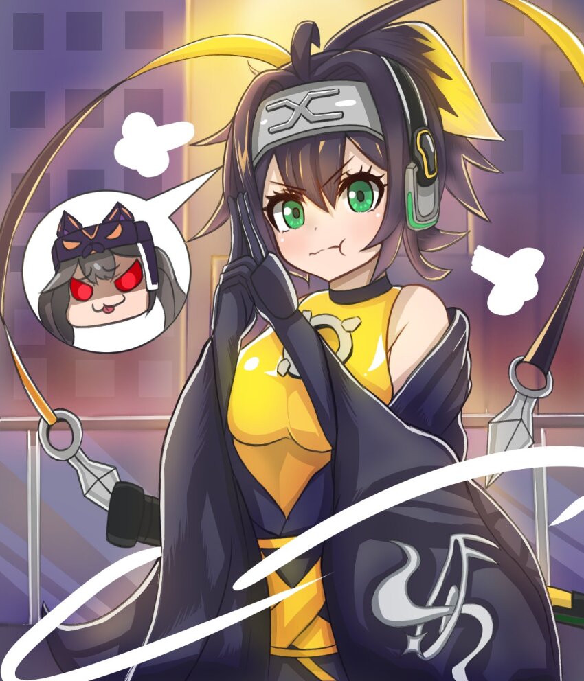 2girls, :3, ahoge, angry, black_hair, blush, breasts, duel_monster