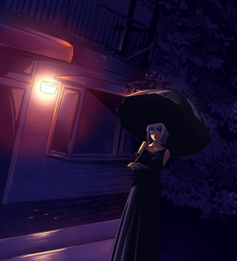 1girl, aura-hysterica, black_dress, black_umbrella, building, commentary_request, cowboy_shot, dress
