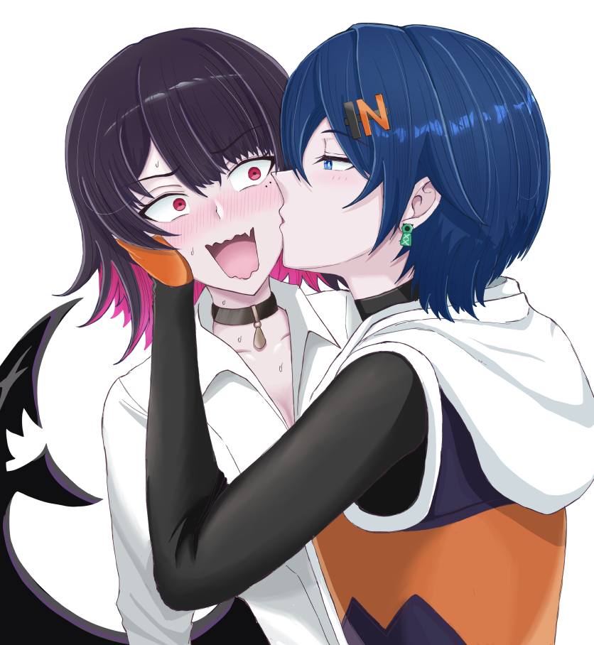 2girls, belle_(zenless_zone_zero), black_choker, black_hair, blue_eyes, blue_hair, blush, breasts