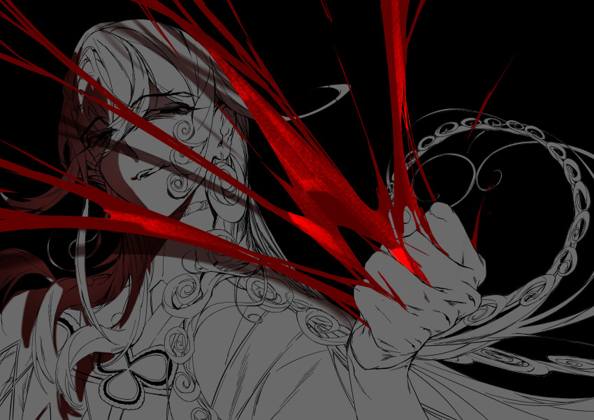 1boy, :q, absurdres, ashiya_douman_(fate), black_background, blood, curly_hair, fate/grand_order