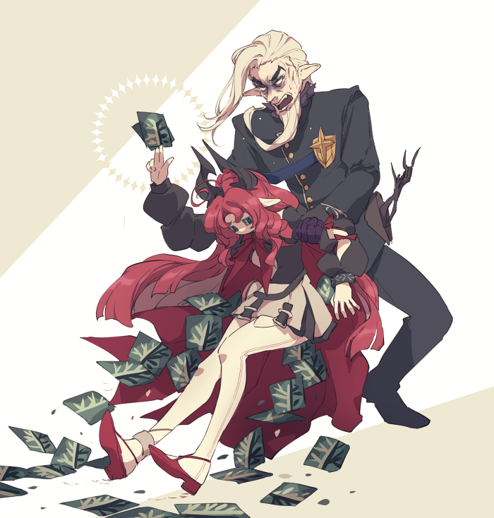 1boy, 1girl, angry, arknights, beard, between_fingers, cape, card
