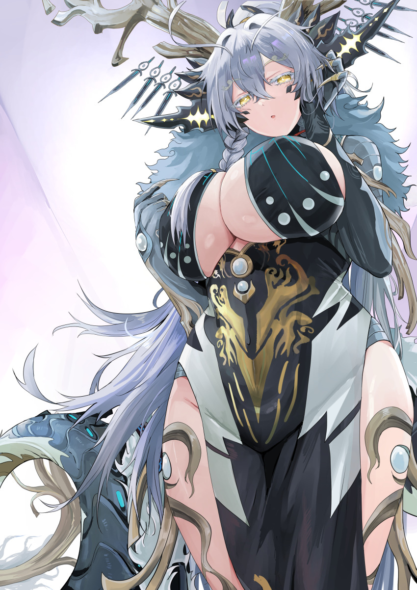 1girl, absurdres, animal_ears, black_dress, braid, breasts, bright_pupils, center_opening