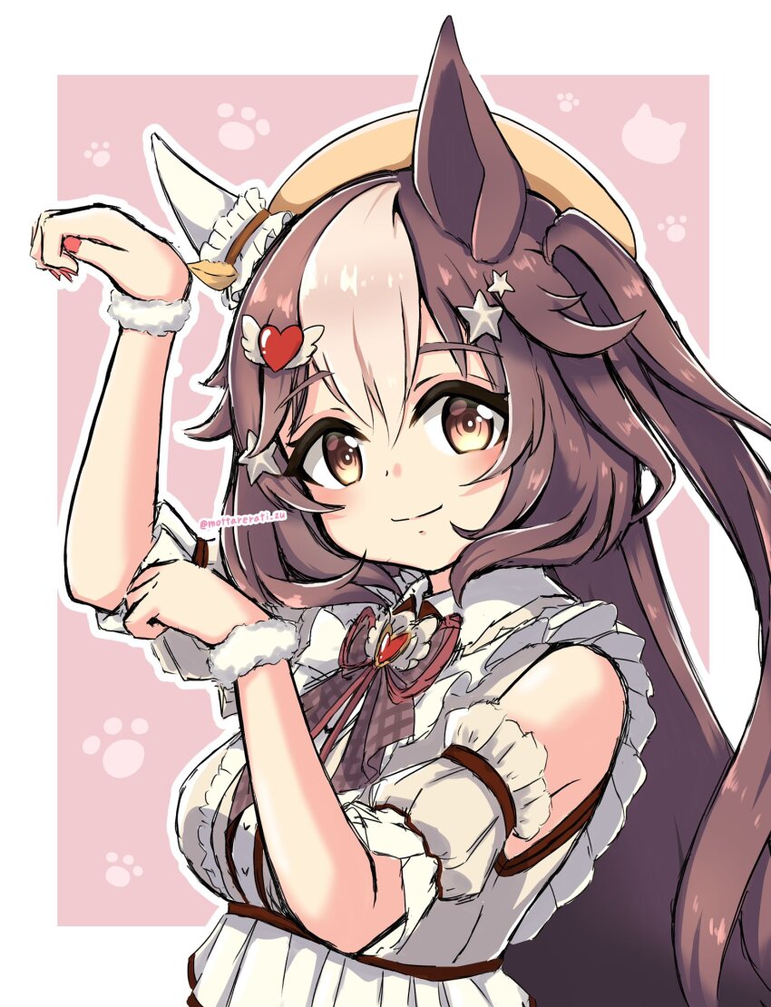 1girl, alternate_hairstyle, animal_ears, beret, blush, breasts, brown_eyes, brown_hair