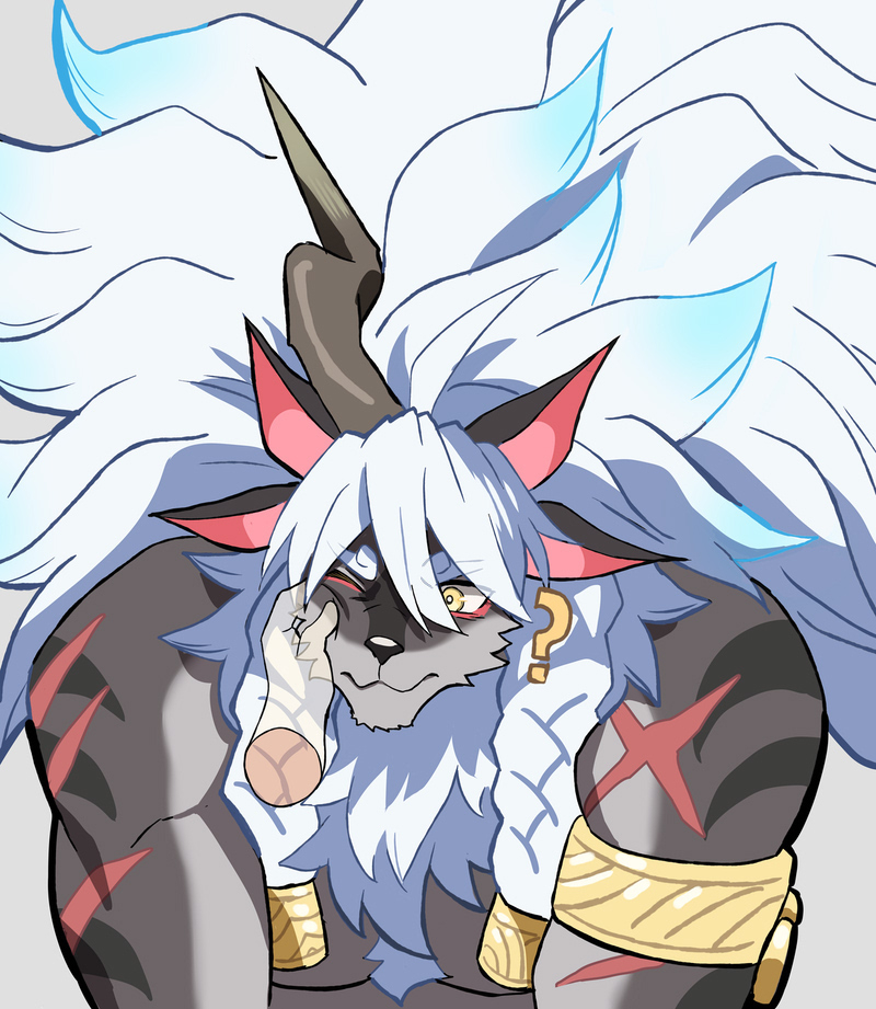 1boy, animal_nose, bara, bare_pectorals, brown_fur, cheek_pinching, chest_fur, commentary