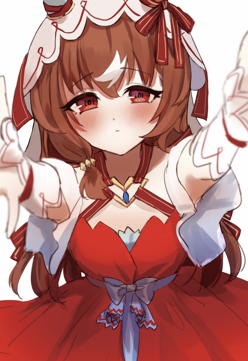 1girl, absurdres, animal_ears, blurry, blush, breasts, brown_hair, closed_mouth