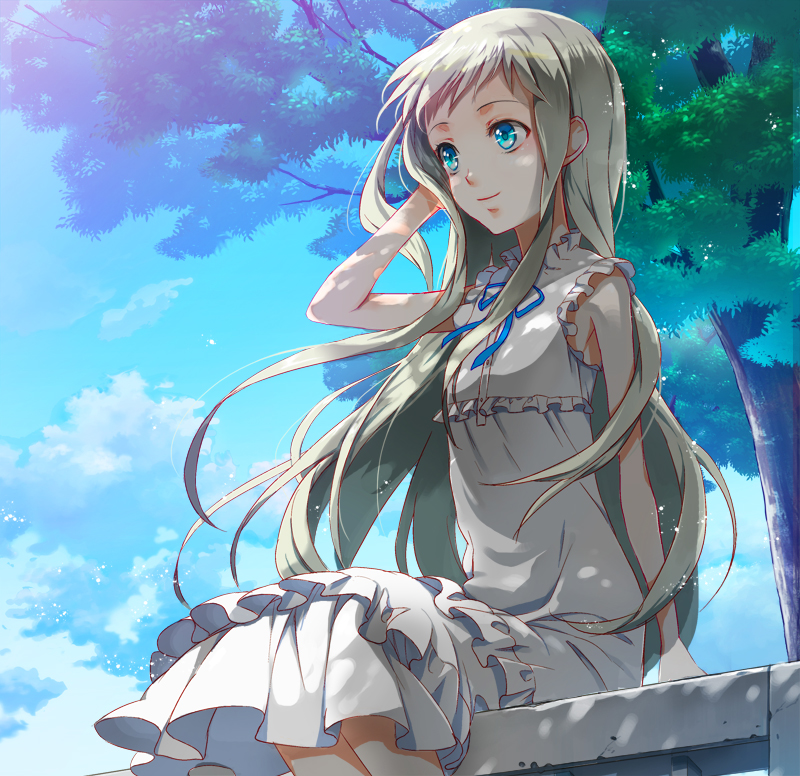 10s, ano_hi_mita_hana_no_namae_wo_bokutachi_wa_mada_shiranai., bad_id, bad_pixiv_id, bench, blue_eyes, bow, cloud