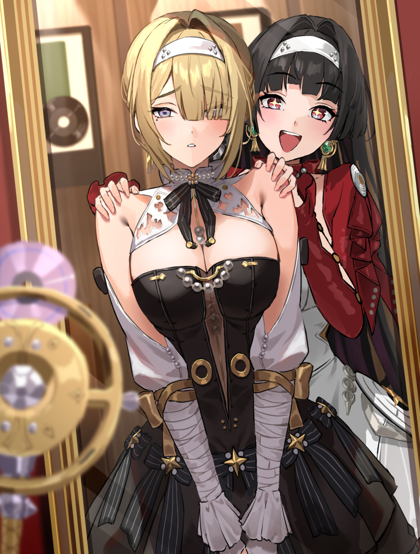 2girls, :d, astra_yao, astra_yao_(chandelier), astra_yao_(cosplay), black_dress, blurry, borrowed_clothes